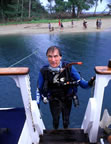 Gary Powell boarding the Telita in Papua New Guinea